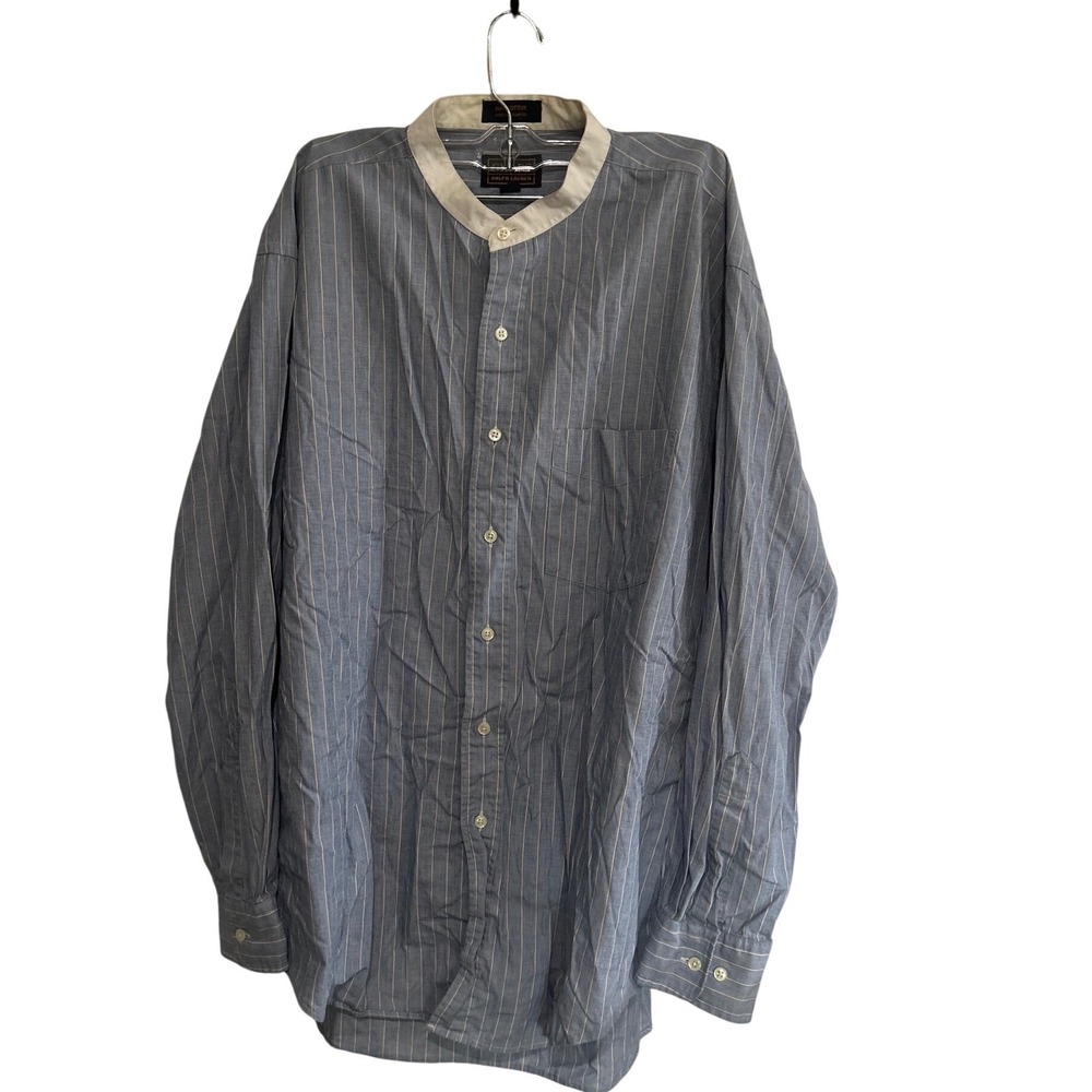 Vintage Chaps Ralph Lauren Banded Collar Striped Cotton Shirt Blue 16.5 34/35